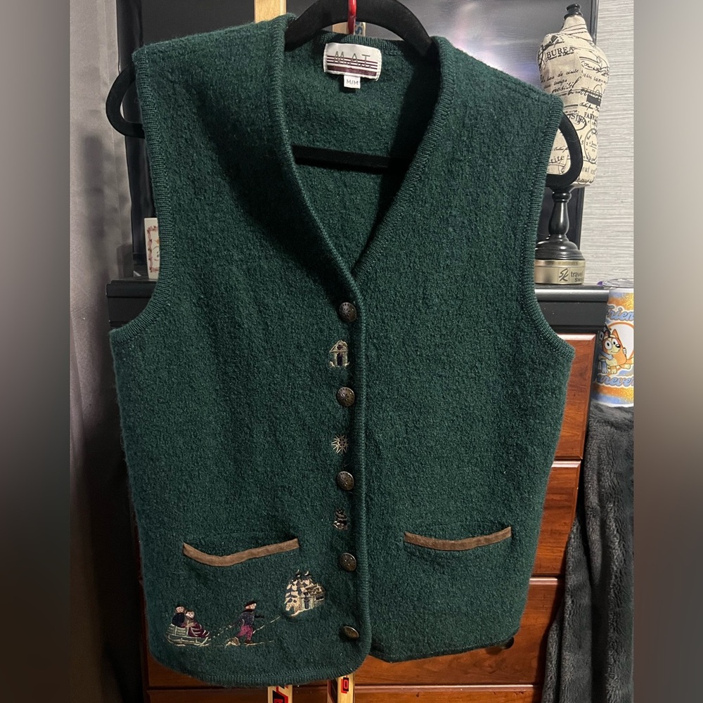 2. VNT 100% Wool Green Vest with Embroidered Details!